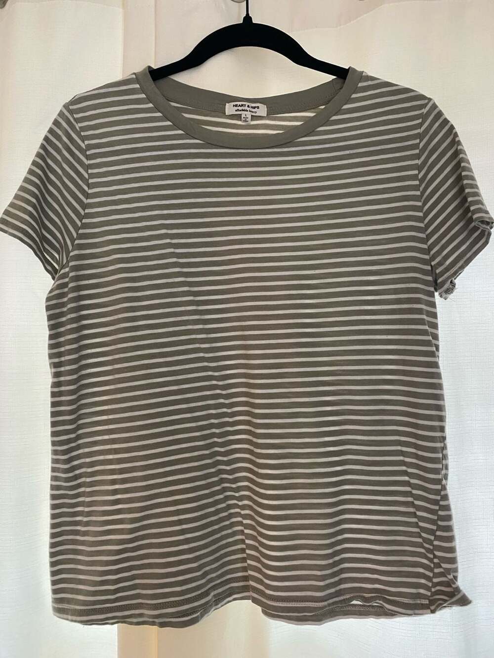 Heart & Hips Olive Green and White Striped Short Sleeve Crew Neck T-Shirt